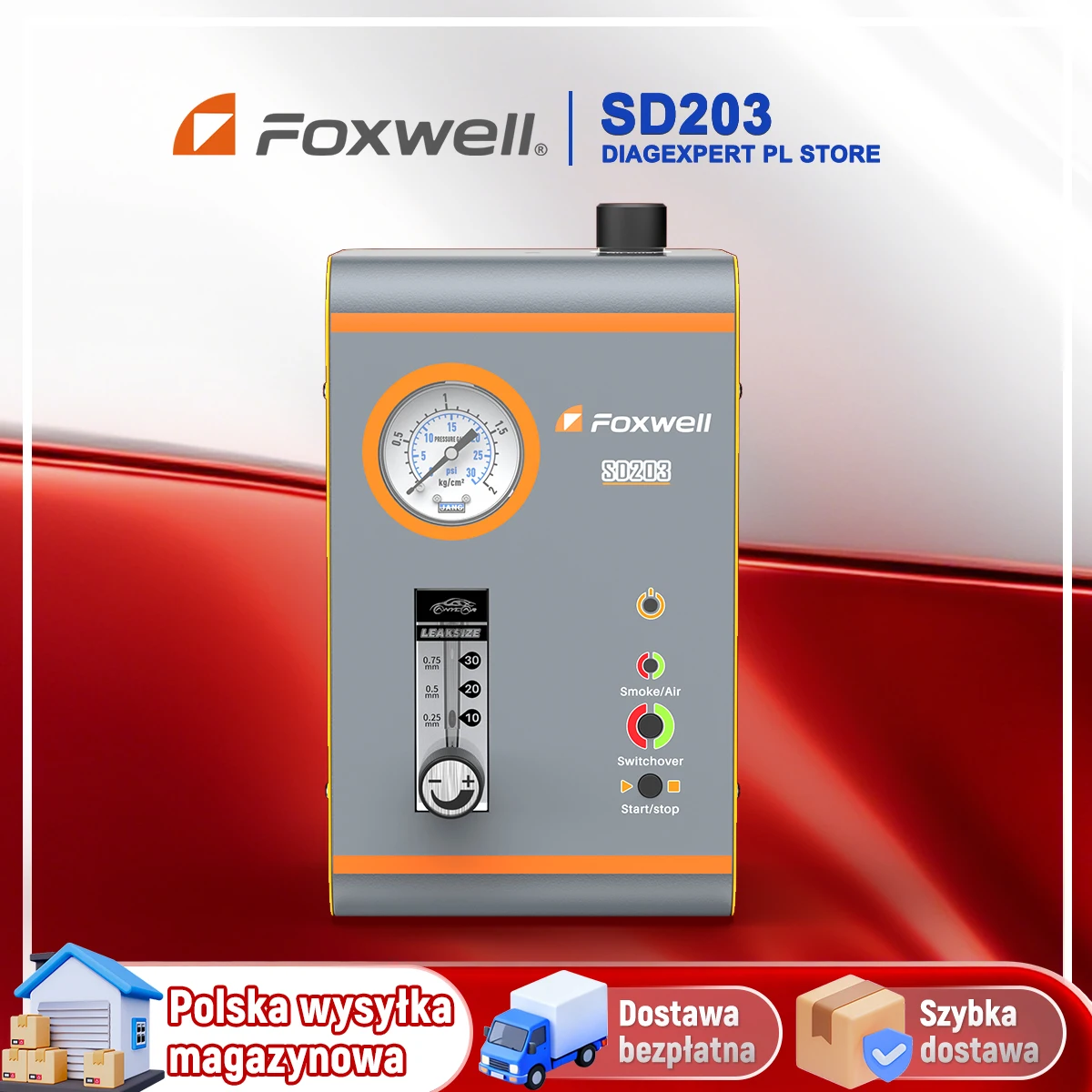 FOXWELL SD203 Samochodowa maszyna dymna 12V z wbudowaną pompką powietrza, wykrywacz nieszczelności EVAP, dwufunkcyjny tester diagnostyczny nieszczelności rur samochodowych