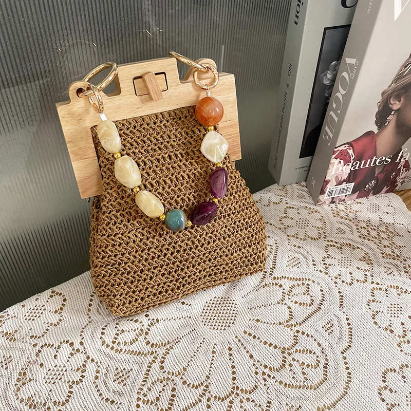 Luxury Crossbody Bag Nice Pearl Chain Straw Bag Women Hand-Woven Handbags Women 2025 Summer Wooden Rattan Shoulder Bag Brand