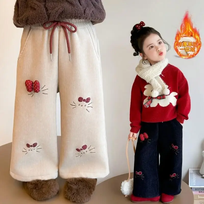 

Брюки Sanrio Hello Kitty для девочек, осень-зима 2026, новые модные широкие брюки в корейском стиле, прямые, утепленные, теплые и комфортные.