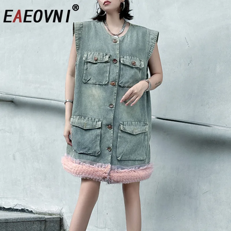 

EAEOVNI уличная джинсовая лоскутная одежда, женское платье средней длины без рукавов с карманами на пуговицах, платья контрастного цвета, новинка 2023 года, одежда