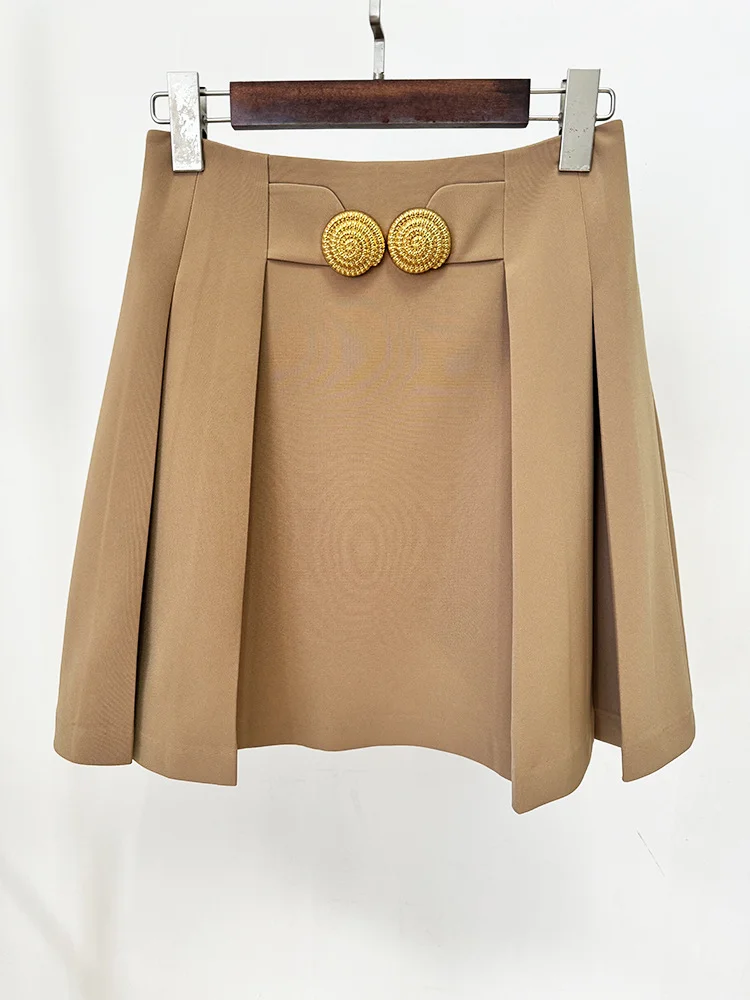 HIGH STREET 2026 Newest Fashion Stylish Designer Women Large Metal Buckle Decoration Pleated Mini Skirt