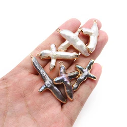 Gold-colored Wrapped Cross Shape Pearl Pendant with Natural Freshwater Pearls Charms for Jewelry Making DIY Necklace Accessories