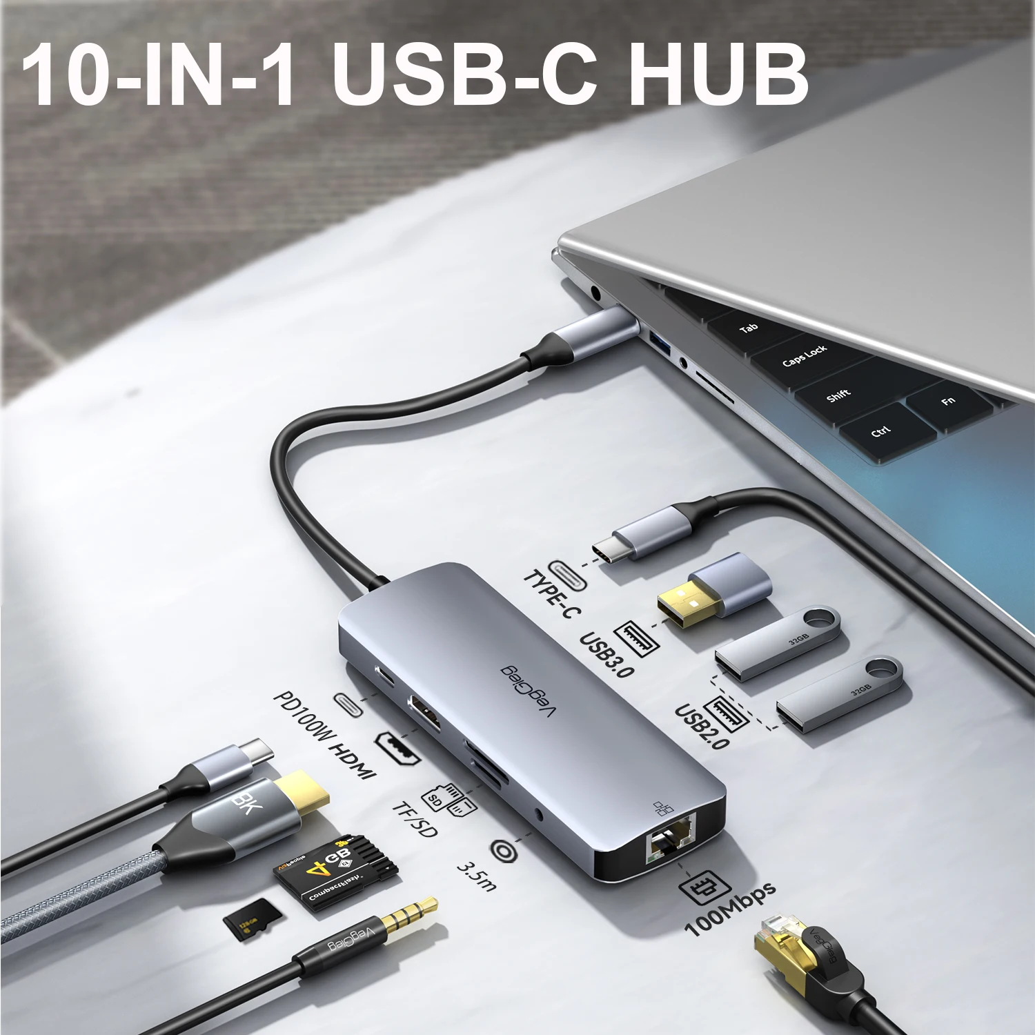 VegGieg 10-in-1 USB-C Dock Station 4K HDMI 100Mbps Ethernet 100W PD 3.5mm Audio SD/TF USB Ports Plug & Play