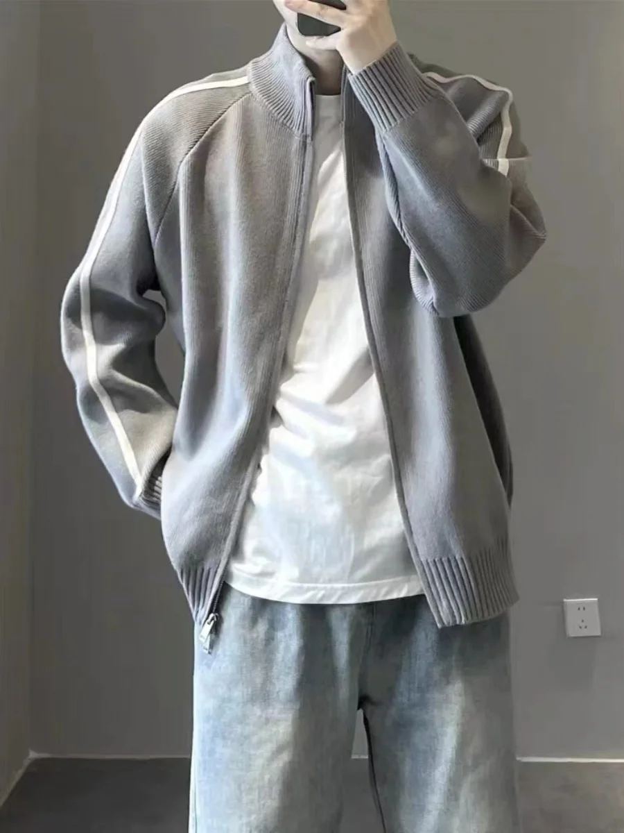 

Мужской кардиган на молнии, свободный, повседневный, с воротником-стойкой, вязаный, модный, зимний, для отдыха, длинный, в полоску...