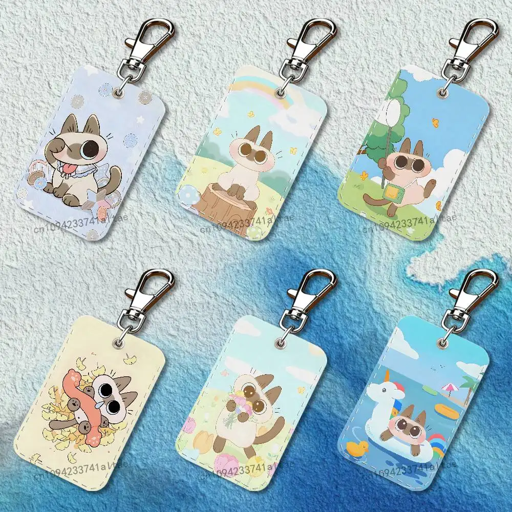 

A-Azukisan Cat Cute Rectangle Card Case Leather Card Holder Keychain Key Ring Transportation Card Case
