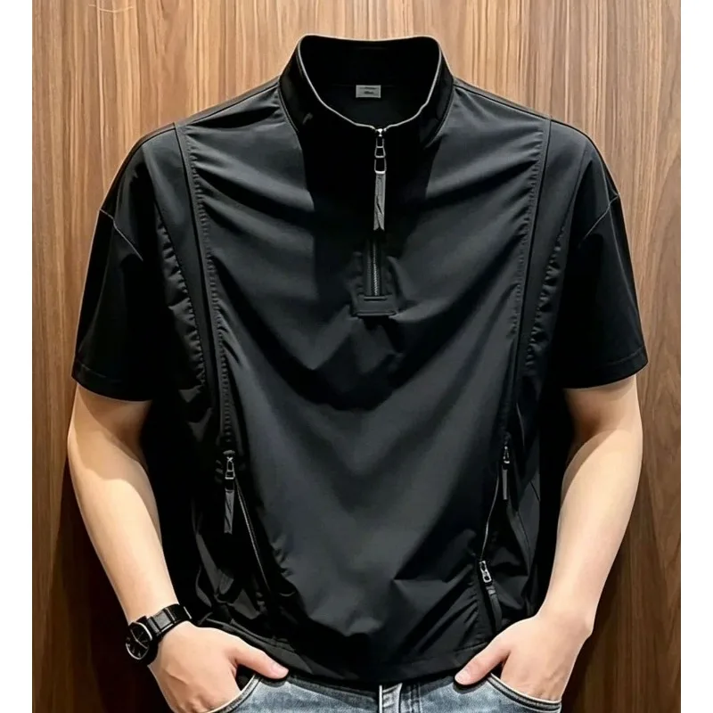 Men's Stand-up Collar Half-zipper Short-sleeved T-shirt Light Breathable Quick-drying Half-sleeved Splicing Design Navy Blue New