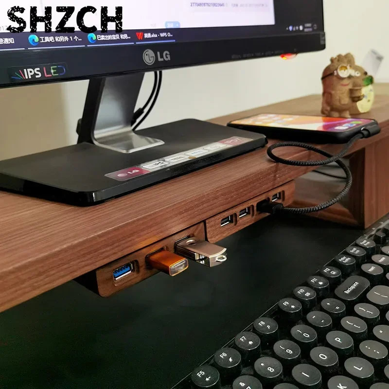 Wooden USB Splitter Multi-Port Charging Station with Fast Data Transfer Desktop HUB Expander for Laptop Heighten Stand Accessory