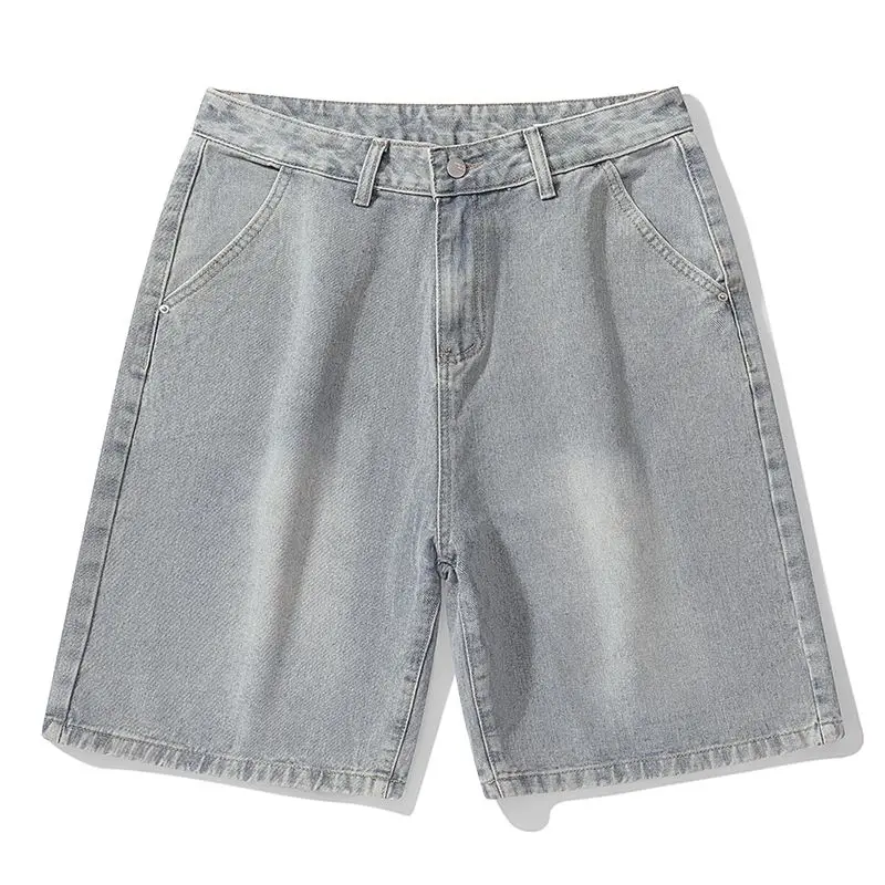 Trendy Denim Shorts Men's Summer Loose Straight Leg Mid Length Pants High Street Retro Distressed Washed Five Quarter Pants