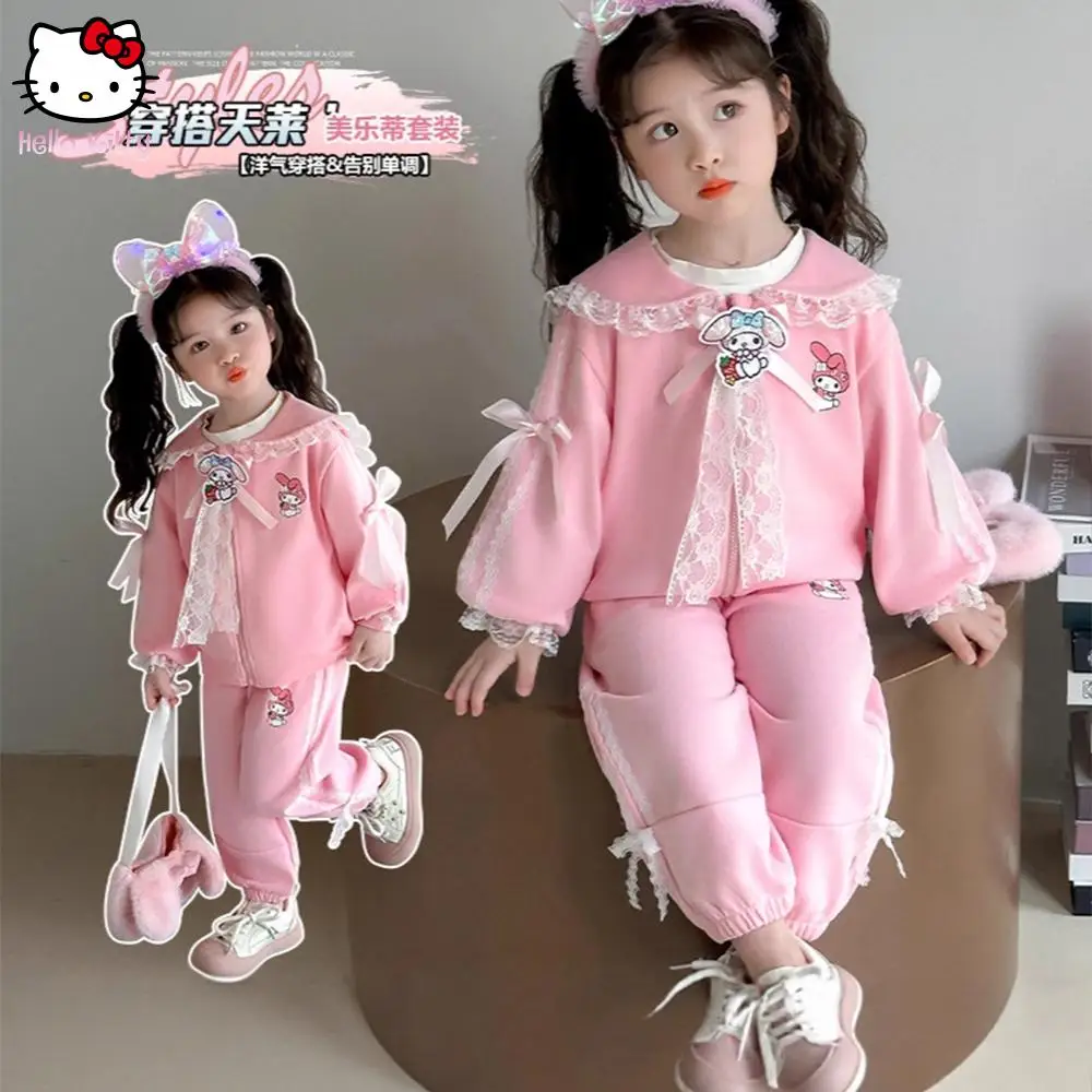 

Толстовка Sanrios для девочек, штаны Kawaii Melody, детская куртка с капюшоном, весенне-осенний спортивный комплект для отдыха, модные подарки для девочек с героями мультфильмов