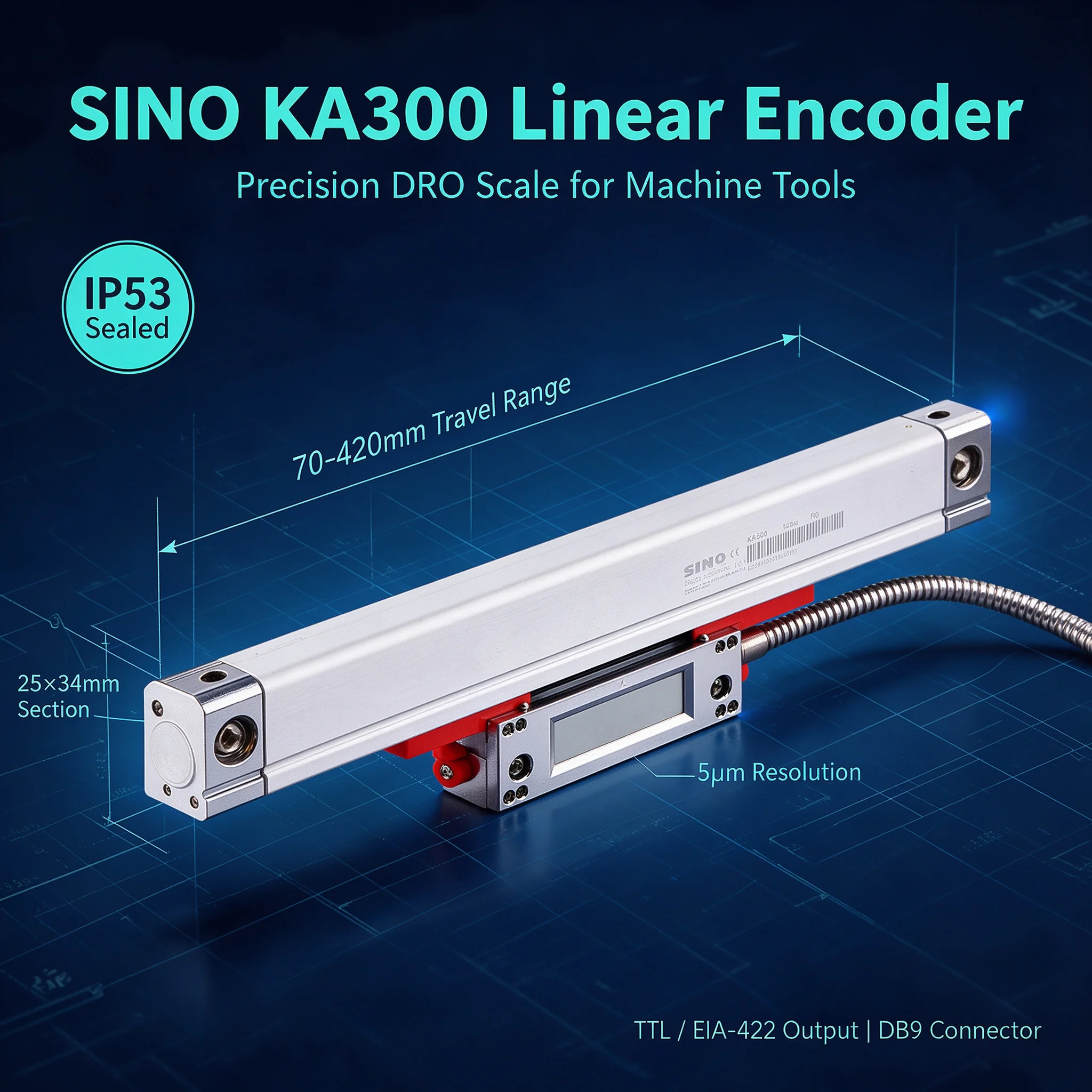 SINO KA300 Linear Scale 5μm 70-420mm Travel DRO Encoder TTL Output DB9 Connector IP53 for Milling Lathe Drilling EDM CNC
