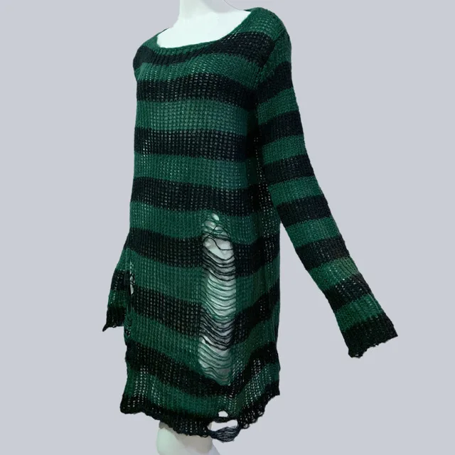 Karrcat Grunge Harajuku Striped Knit Sweater Women Y2K Streetwear Hole Broken Jumper Loose Purple Sweaters Punk Gothic Clothes