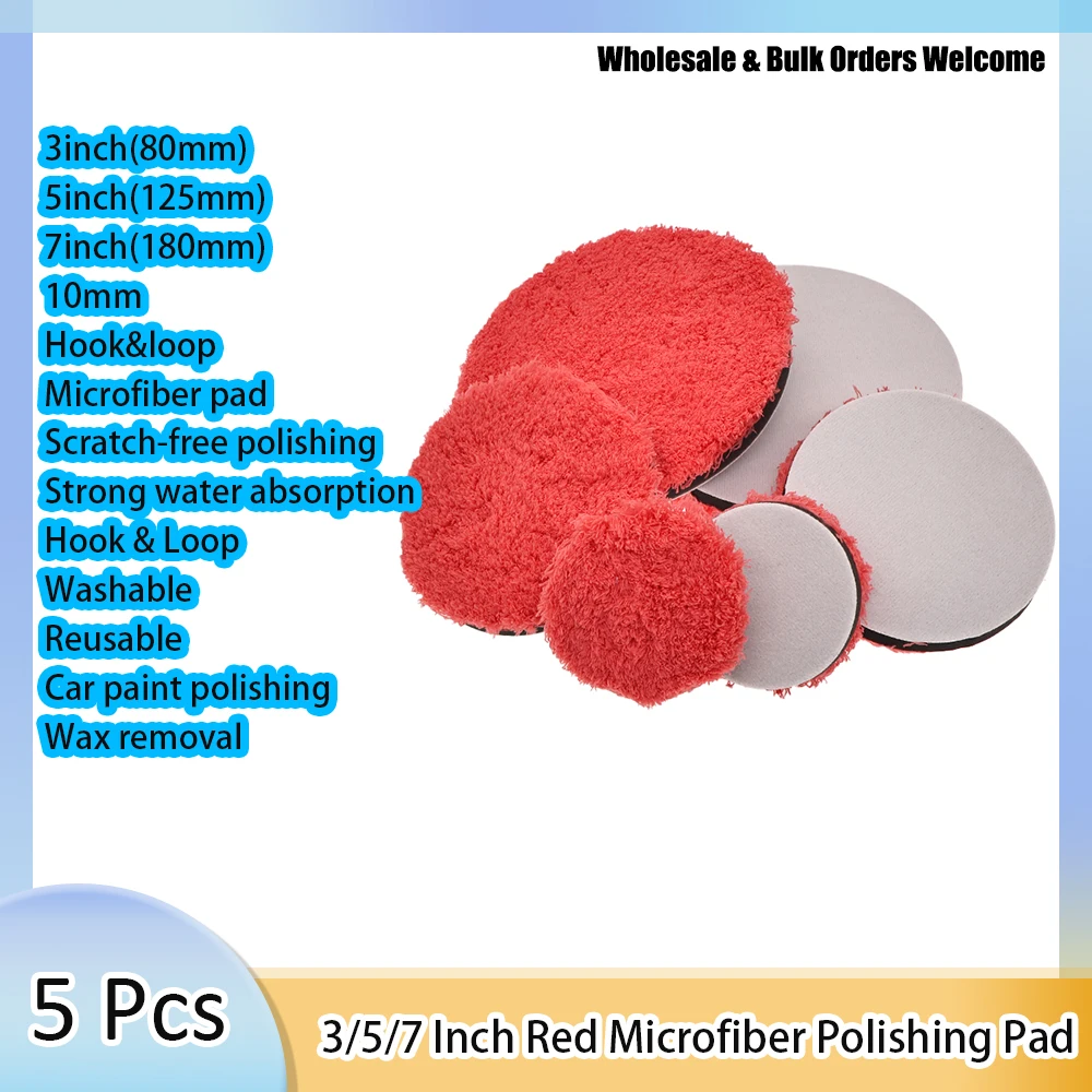 5 Pcs 3/5/7 Inch Red Microfiber Polishing Pad Hook & Loop Car Buffing Pad for DA/RO Polisher, Car Waxing & Paint Finishing