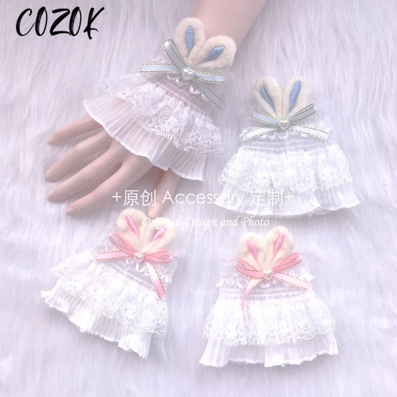 Lolita Sleeve Girl Sweet Pink Blue Rabbit Ear Lace Sleeve Kawaii Bow Gloves Lace Girl Sweet Wrist Guard Halloween Hand Sleeve