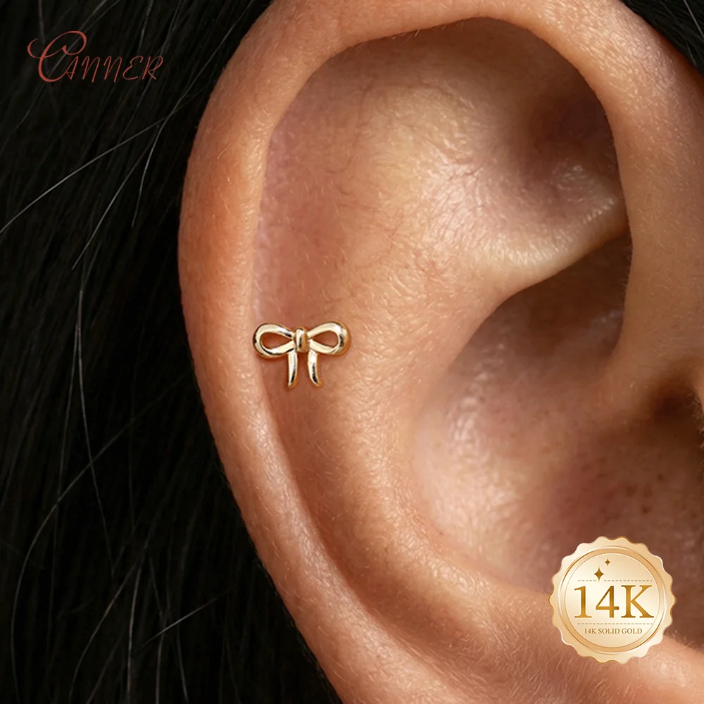 

CANNER 14K Solid Gold Classic Smooth Bowknot Piercing Earrings For Women Flat Back Internal Thread Fine Jewelry Party Gifts