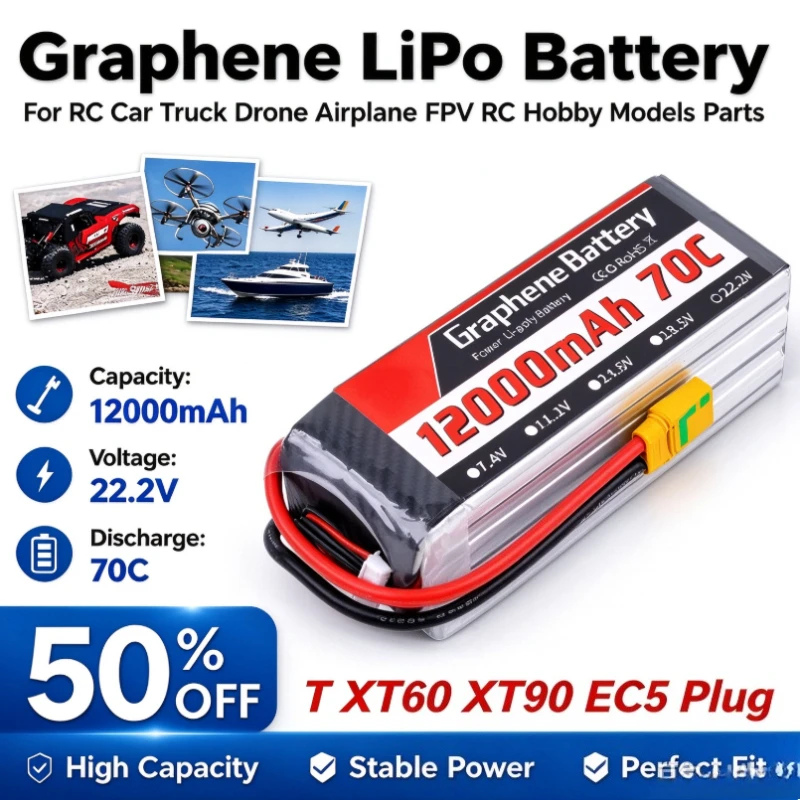 12000mAh 70C 6S 22.2V Lipo Battery with T XT60 XT90 Plug for RC Car Truck Drone Airplane FPV RC Hobby Models Parts