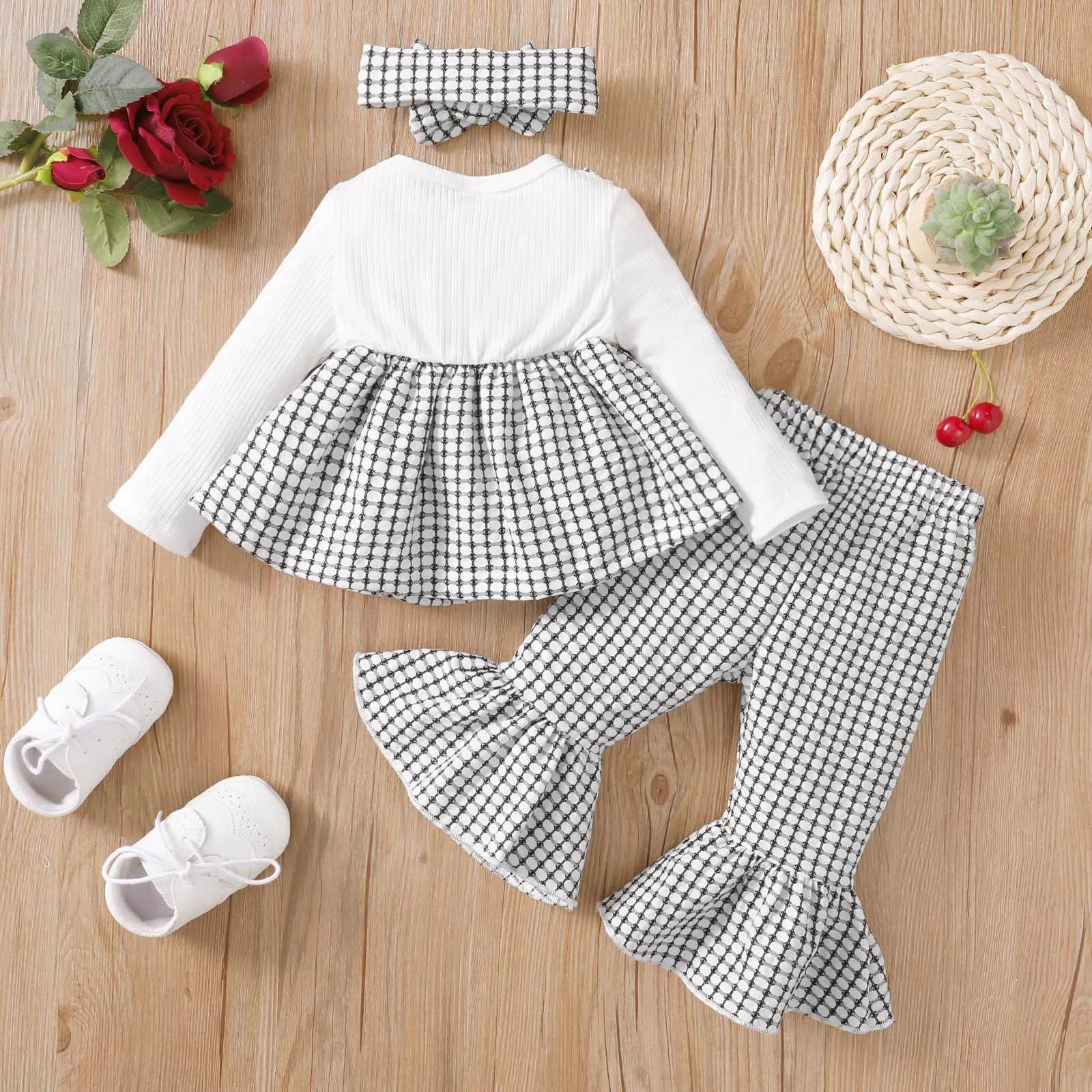 Infant Baby Girl Clothes New Born Mother Kids Babies Items Costume 3pcs Black Plaid Bowknot Long-sleeve Top and Flared Pants Set