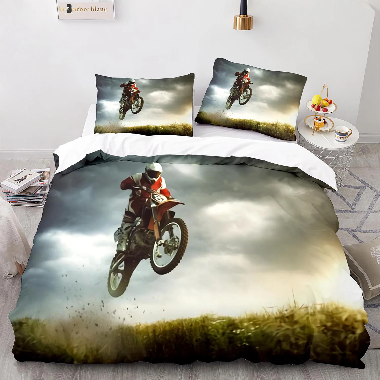 Motorcycle Rider Duvet Cover Dirt Bike Bedding Set Motocross Quilt Cover For Men Durable Queen King Polyester Comforter Cover