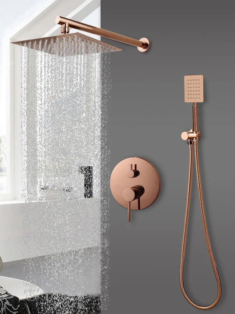 Torayvino Rose Gold Badkamer Douchesysteem Rechthoek Regenval Wandmontage Handdouche Draaibare Uitloop Mengkraan Waterkraan Combo Kit - afbeelding 2