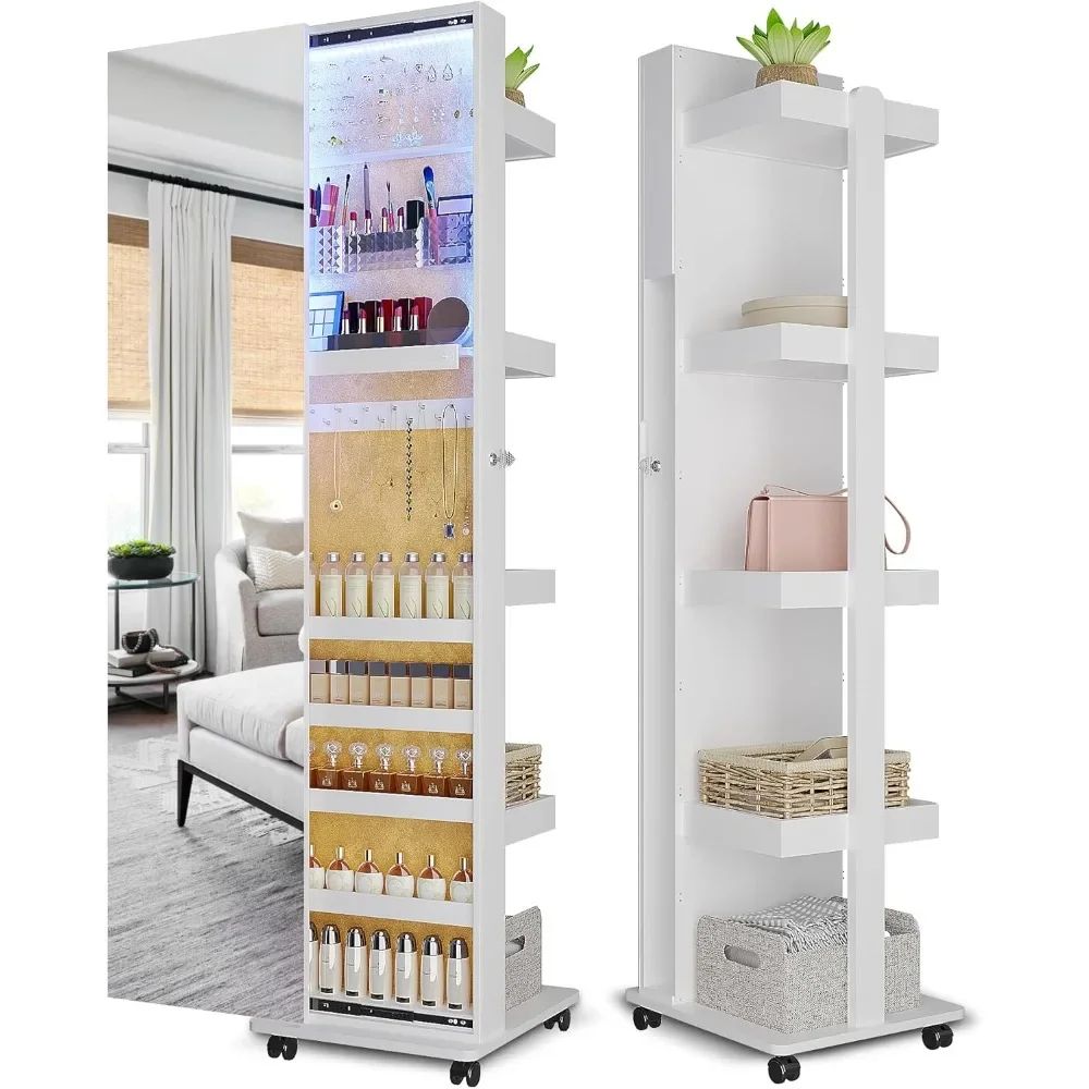 

360° Rotating LED Jewelry Armoire,Side Pull Full Length Mirror Large Capacity Floor Standing 3 Color Dimmable Jewelry Organizer