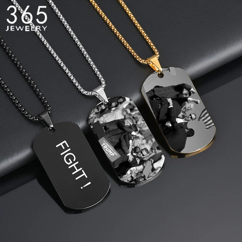 Custom FIGHT Donald Trump's Iconic Moment Photo Stainless Steel Square Pendant Necklace Letter Picture Necklaces Jewelry Gift