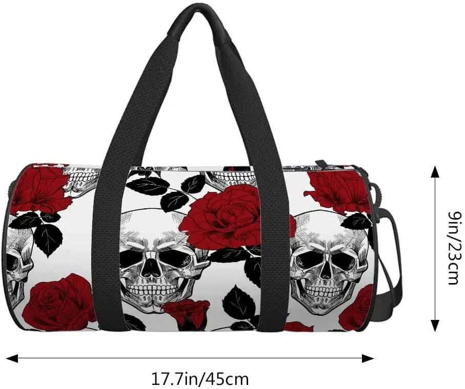 Skull Red Roses Sports Duffle Bag Sugar Skull Day of The Dead Men Women Weekender Bag for Traveling Tote Gym Bag Shoulder Bag