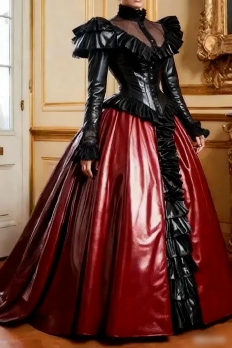Lange mouw hoge hals drukte korset gotische galajurk lolita zwart bordeaux Victoriaanse glanzende avondjurken op maat