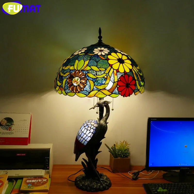 FUMAT Tiffany style stained glass American crane retro desk lamp for bedroom bedside lamp living room dining room LED decor