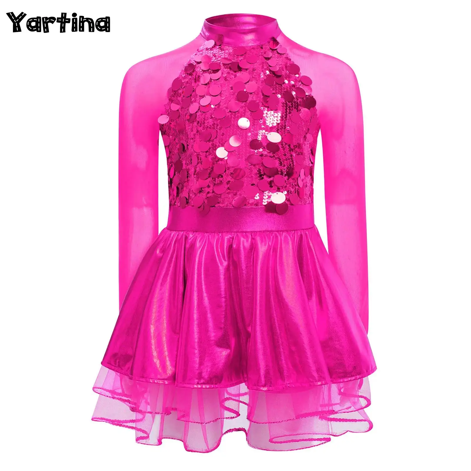 

Kids Girls Gymnastics Skating Ballet Leotards Dress Sequins Metallic Sheer Mesh Tutu Dresses Jazz Dance Performance Costume