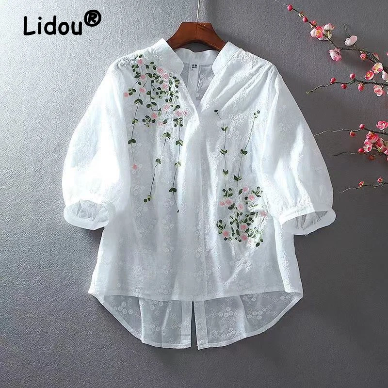 

Vintage Fashion Embroidery Floral Irregular Cotton Shirts Summer Casual V-neck Half Sleeve Loose Top Blouse Women Blusas Clothes