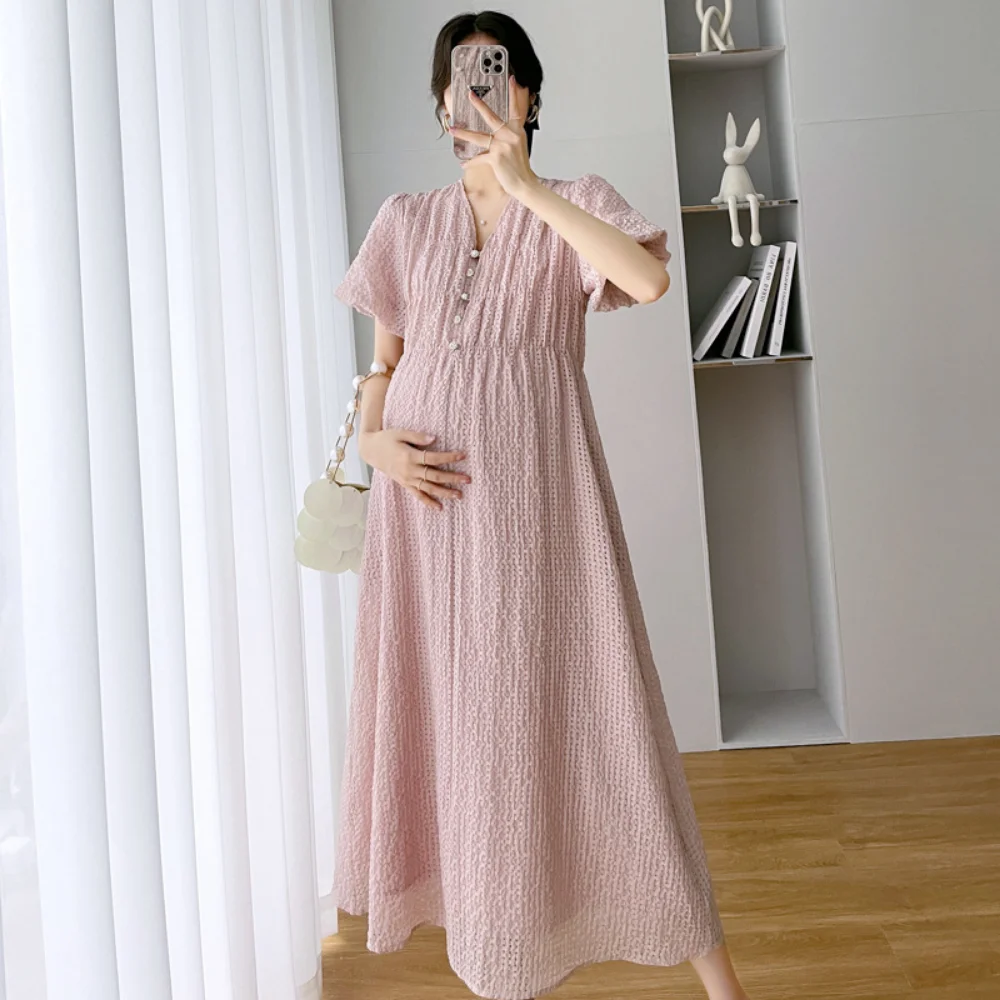 Robe d'Été à Col en V pour Femme Enceinte, Tenue à Manches Courtes, Rose, Douce, Maxi