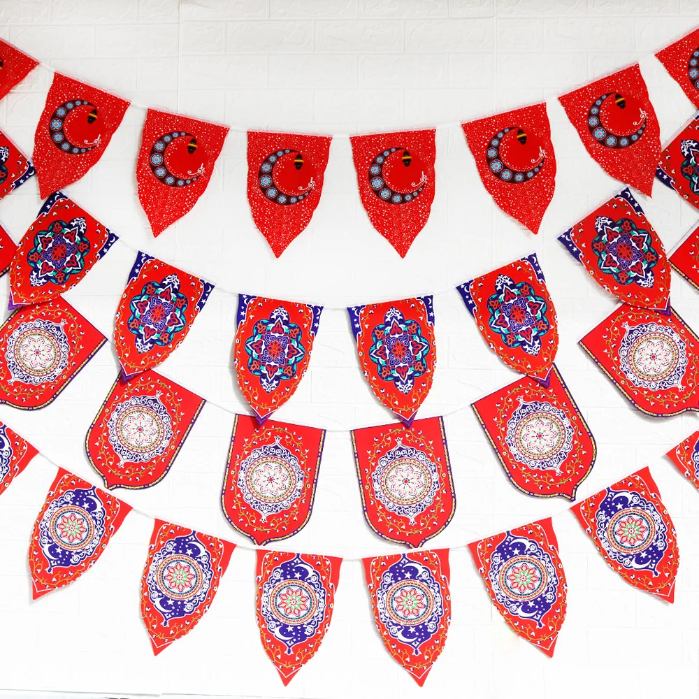 EID Mubarak Paper Banner Star Moon Red Purple Bunting Garland Islamic Muslim Party Ramadan Kareem Decorations for Home 2023