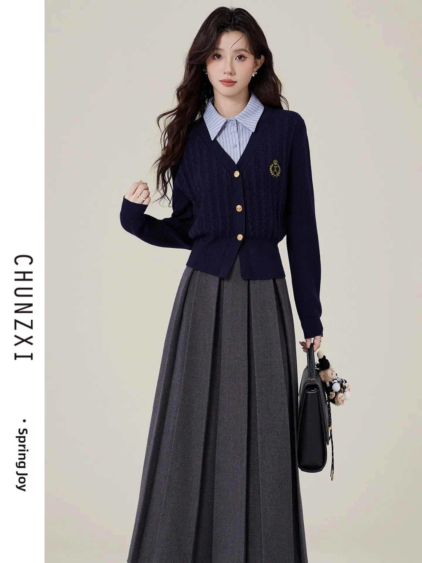 

Spring Preppy Style Knitted Sweater And Skirt Set Women's Fashion College Look Fake Two-Piece Long Sleeve High Waist Warmth