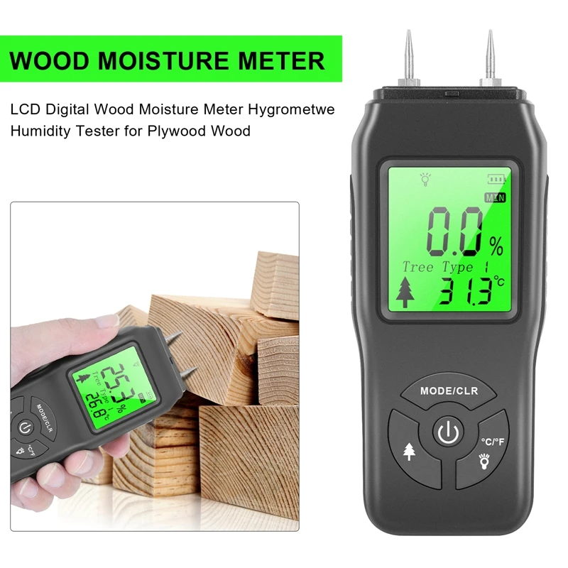 Digital Moisture Meter, Water Leak Detector, Moisture Tester, Pin Type, Backlit LCD Display,Wood Humidity Tester