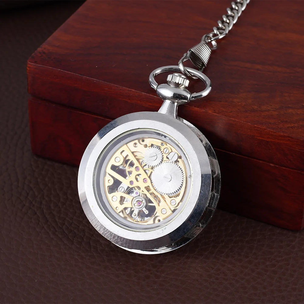 Reloj de bolsillo mecánico redondo de lujo para hombres y mujeres, esfera de números romanos transparentes, cadena Fob negra, reloj colgante para colección