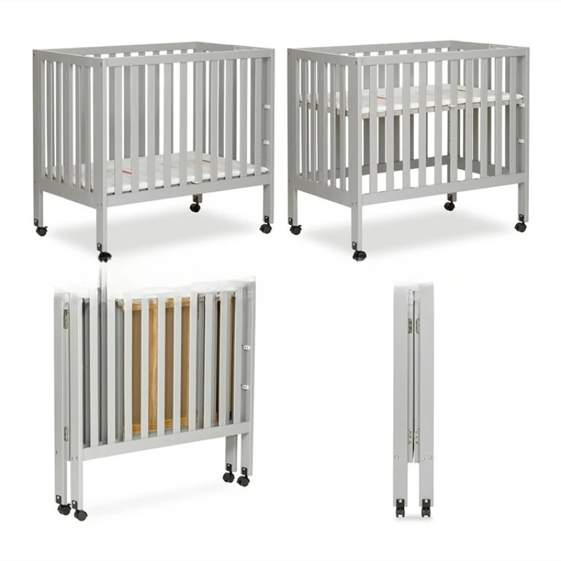 Wooden folding crib with casters can be lifted Hotel matching crib with mattress