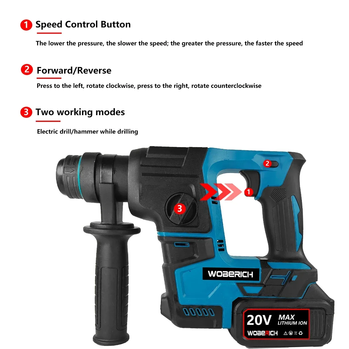 New Brushless Electric Hammer Cordless Multifunction Hammer Impact Drill Power Tool for Makita/WOBERICH  18V Battery