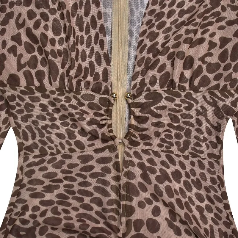 Guwu sexy pura malha profunda decote em v leopardo impressão alta fenda lanterna manga longa maxi vestido bodycon bandagem vestidos de festa finos