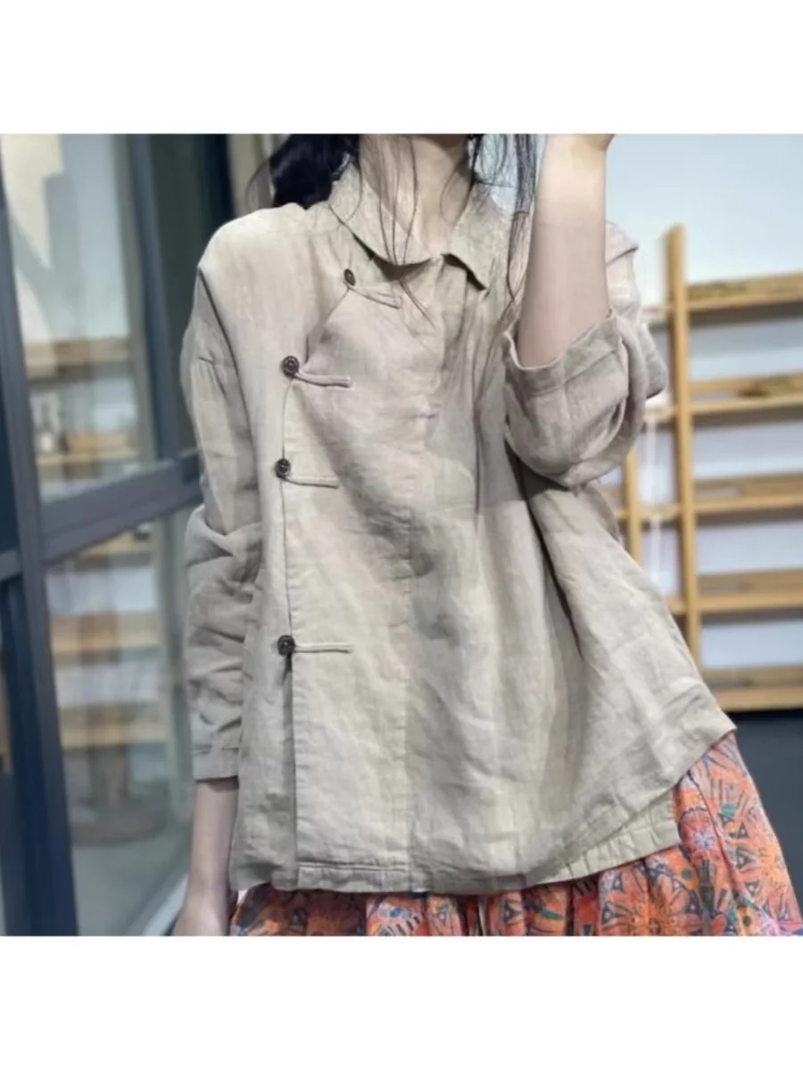 

Ретро-топ женский из хлопка и льна, свободный повседневный, в национальном стиле, с боковыми пуговицами, с воротником, весна-осень, рукав 7/8