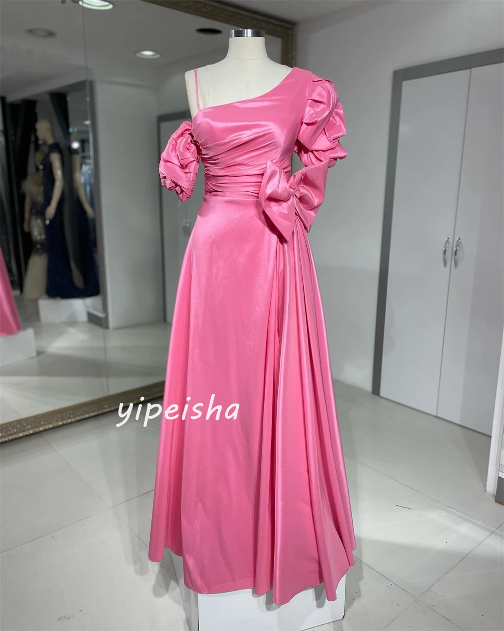 Moda squisita fiocco in raso pieghe increspato drappeggiato a-line Off-the-spalla abiti lunghi Quinceanera abiti Pastrol Matching