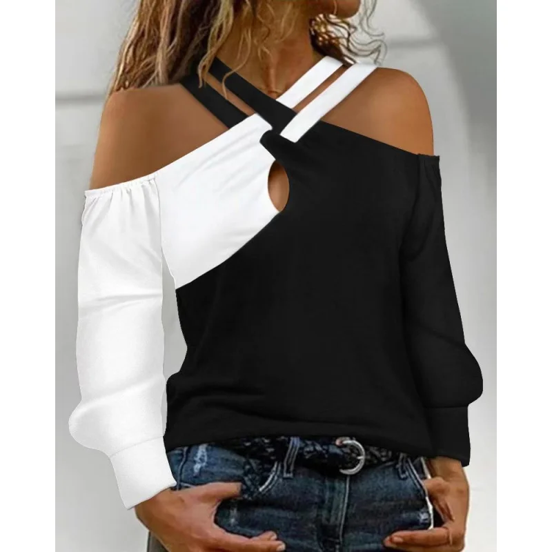 2023Amazon Cross-Border New Women's Clothing Casual Dignified Sense of Design Color Matching off-Shoulder Halter Long-Sleeved To