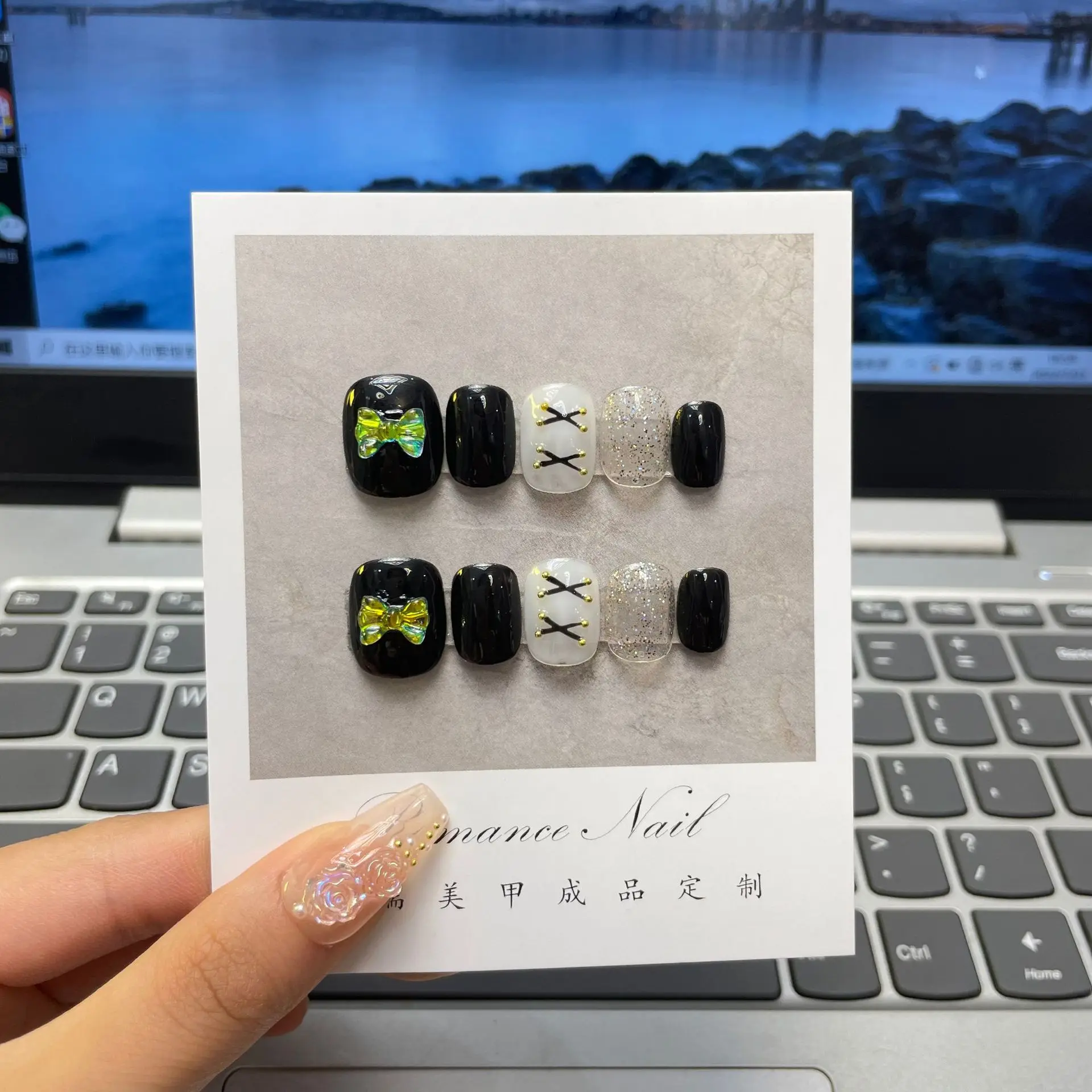 

10 шт. короткие крутые Горячие накладные ногти с черным бантом дизайнерские накладные ногти Y2K накладные ногти на всю поверхность