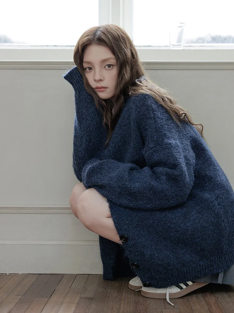 

Mlife Lazy Deep Blue Soft Loose Sweater Cardigan Women's Outerwear Autumn Winter V-ne Long Sve Warm Thermal Faion