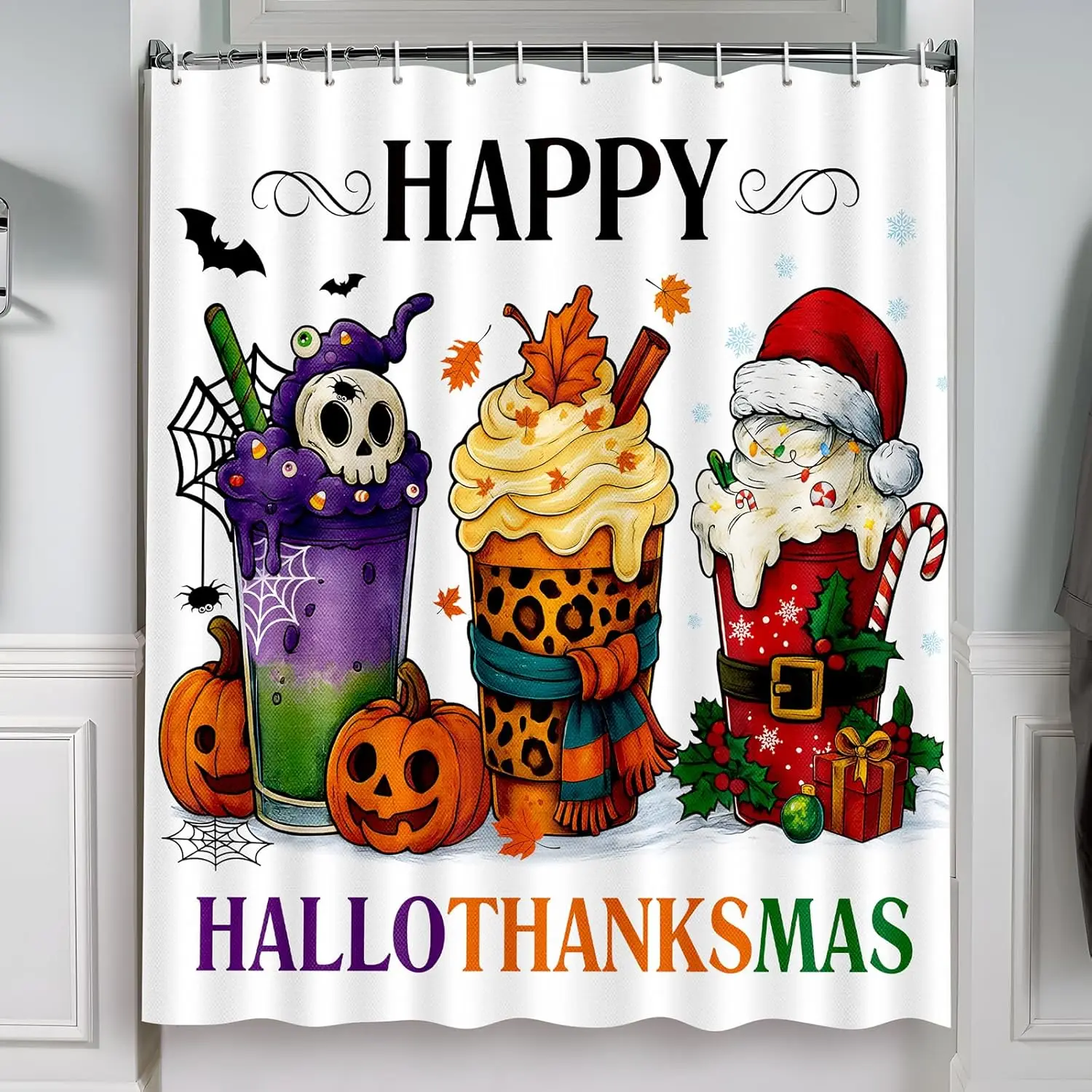 

Занавеска для душа на Хэллоуин для чашек для ванной комнаты, Hallothanksmas, осень, День Благодарения, Рождество с 12 крючками, декор 72x72 дюйма