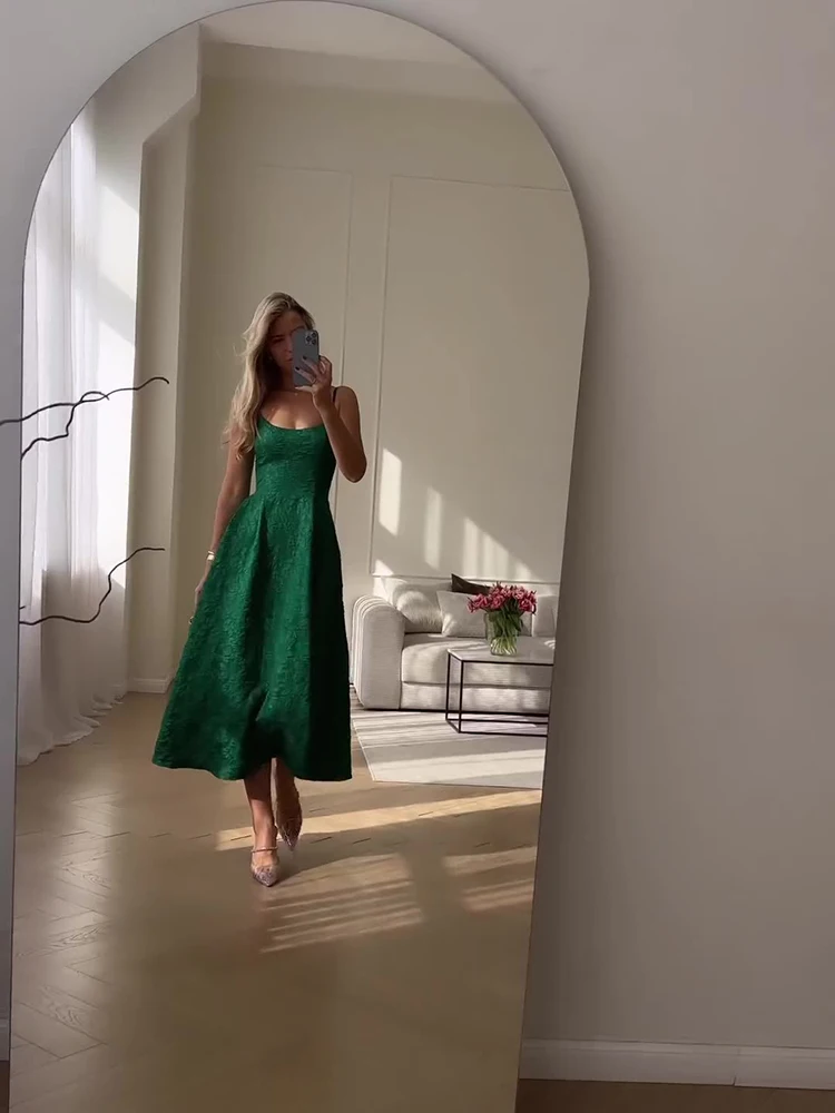 Elegant Green Big Swing Strap Dresses Spring Women Wrinkled Sleeveless Loose Dress Summer High Waist Knee Length Camisole Dress