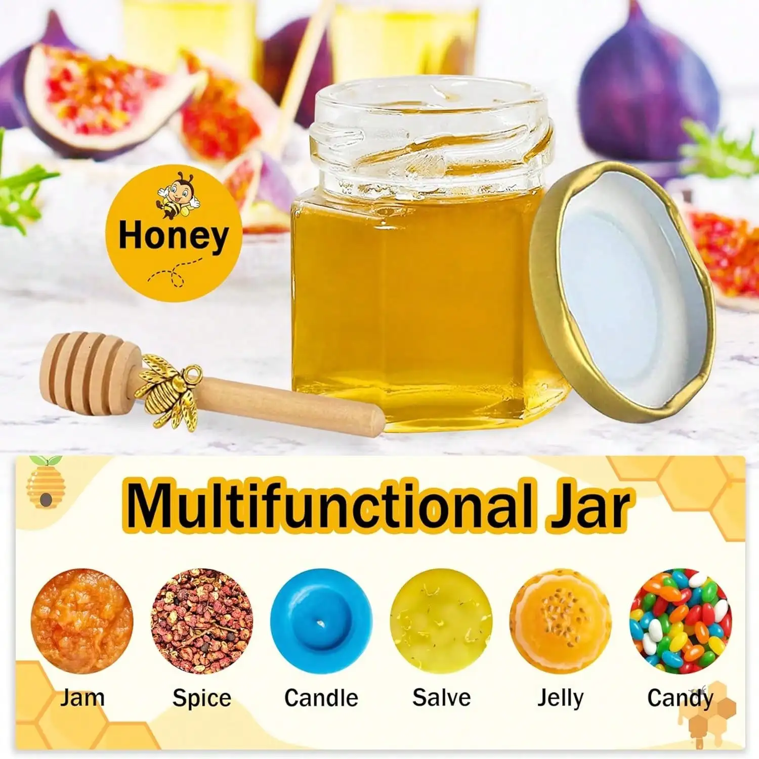 Mini Honey Jars Rustic Vintage Honey Jar Set Hexagon Glass With Gold Lid Bee Charm 50 Pack 1.5oz With Wooden Dipper Rope Tags For Wedding Favors Baby Shower Party Christmas Gift