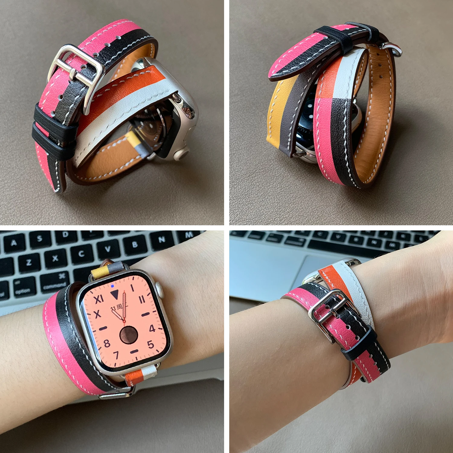 High Quality Soft Double Tour Cowhide Leather Strap for 2024 New  Iwatch Ultra 2 Apple Watch Logo 10 9 8 7 6 Se 5 46MM 45MM 49MM