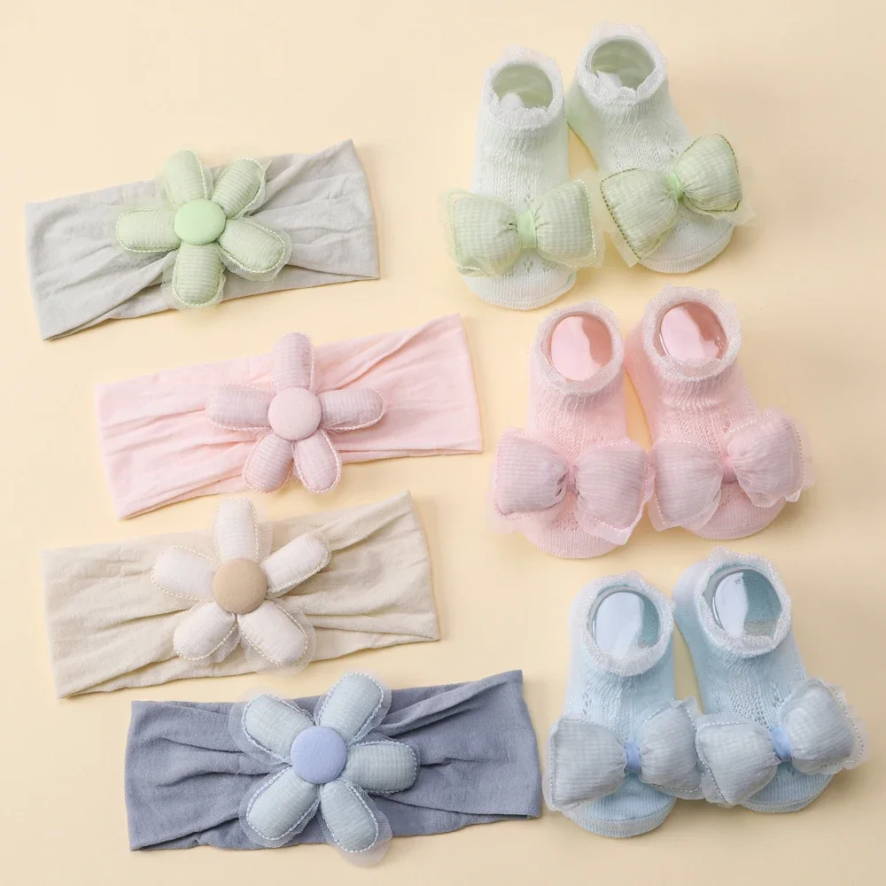 2pcs Lovely Baby Bows Socks Set Fresh Candy Color Breathable Short Socks with Sweet Flower Headband Elastic Hairband for Newboen