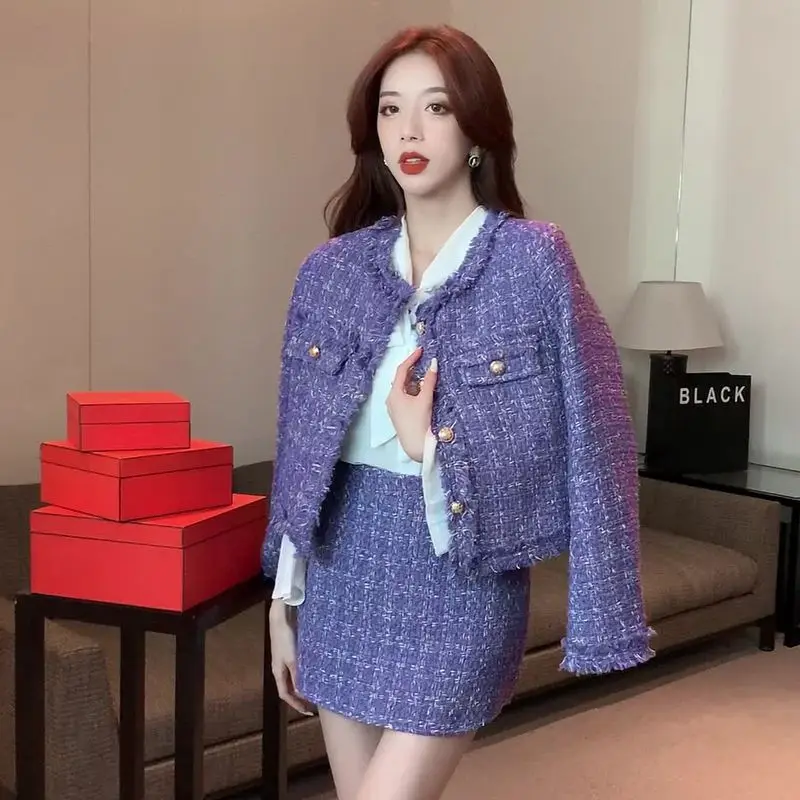 Insozkdg High Quality Purple Tweed Two Pieces Set Women\'s Autumn Winter Temperament Celebrity Jacket Coat + Skirt Office Suits