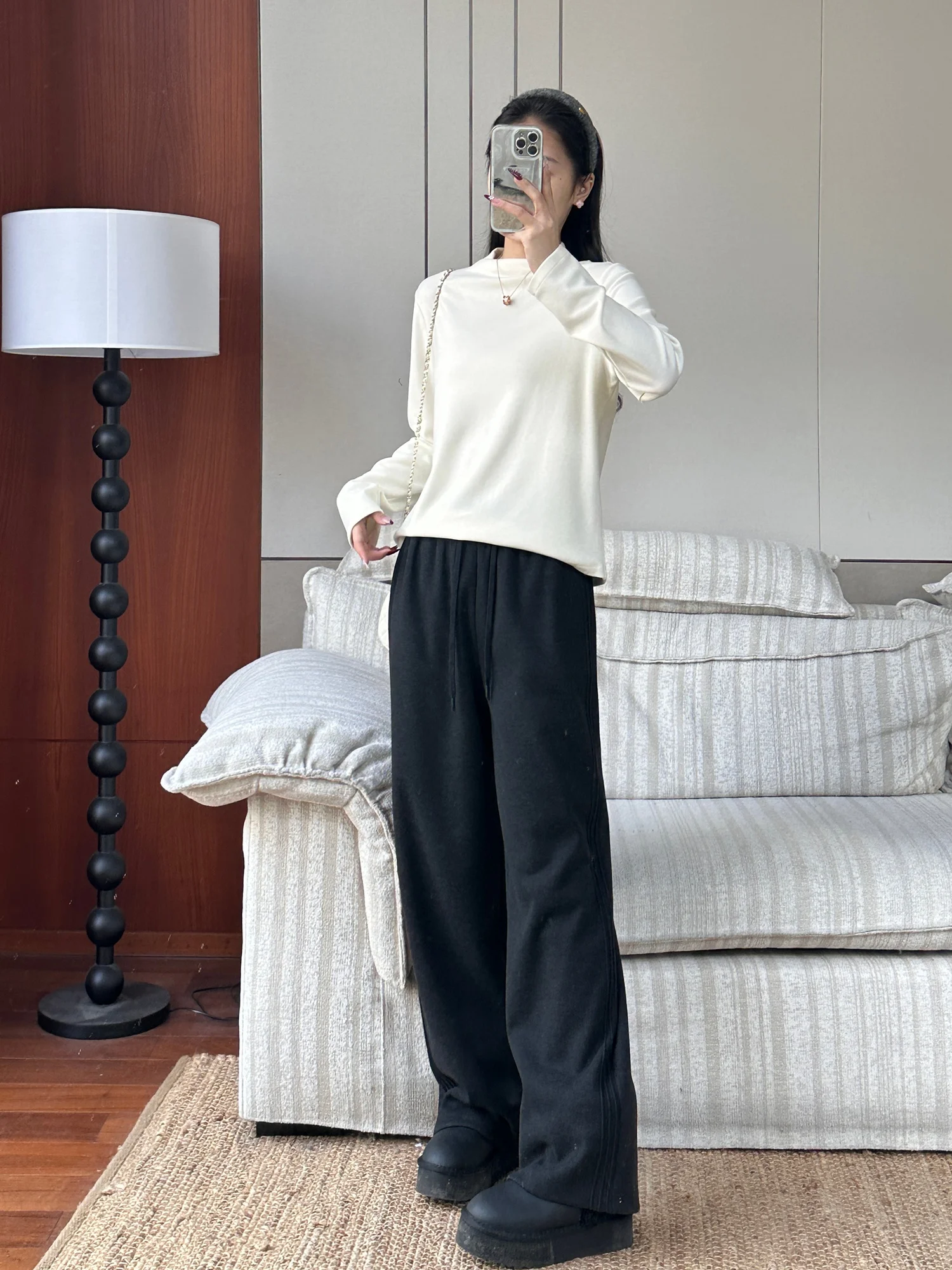 

High Waist Fce Lined Slimming Casual Pants Women's ME Waist Belt Wool Viscose Blend High Elastici Warm Straight Leg Pants