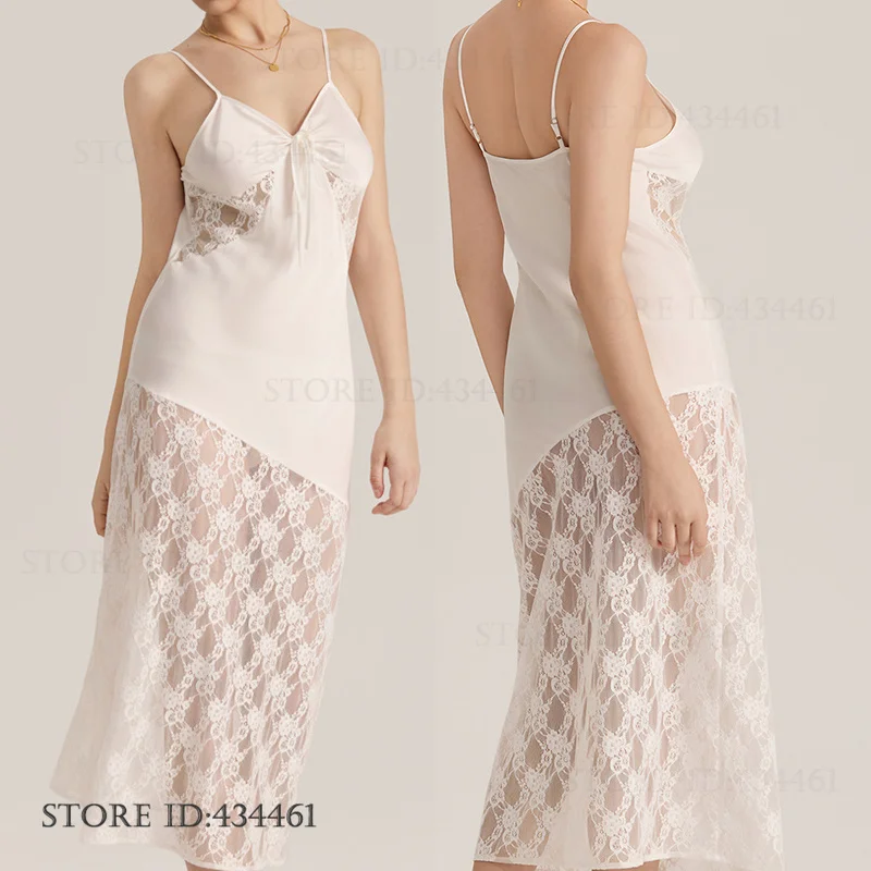 

SEXY Patchwork Lace Nightgown Women Intimate Lingerie Summer Silky Satin Long Nightdress Sleepwear Big Size Home Dress Nighty